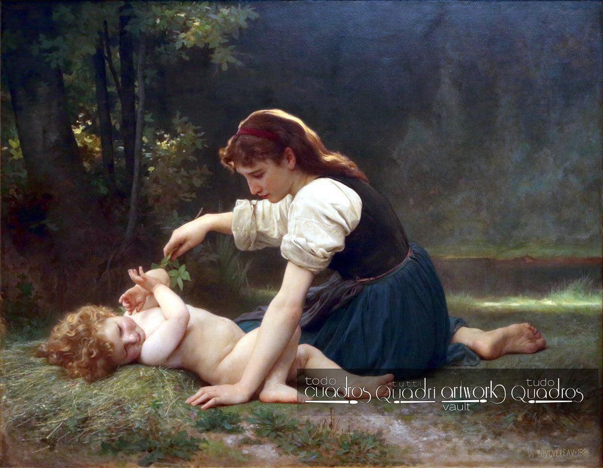 In der Natur, ein Mädchen mit einem Kind, Bouguereau