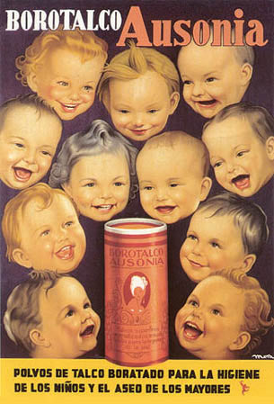 caras de bebés en cartel de talco.